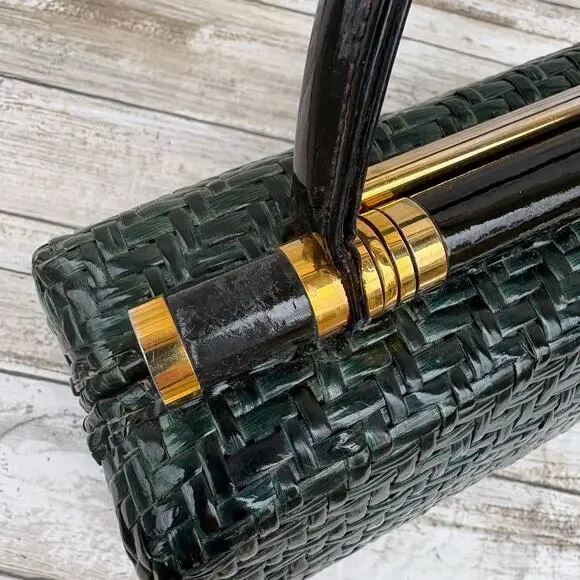VTG Rodo Lacquered Wicker Basket Box Purse Green Framed Retro 50s 60s Italian - Picture 9 of 15